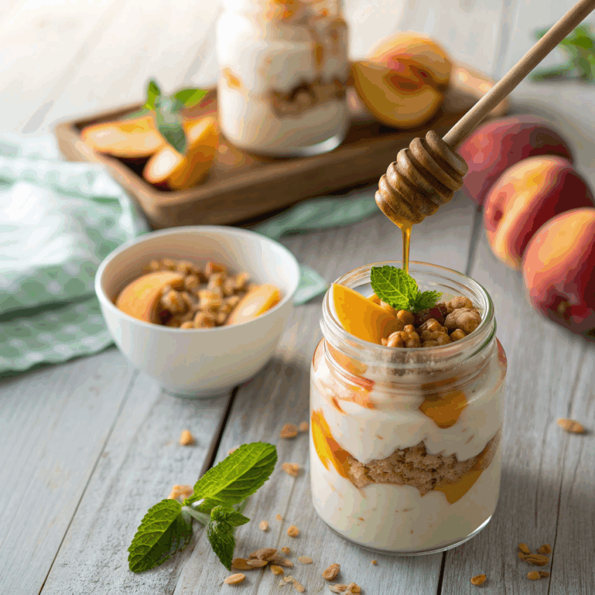 peach yogurt parfait layered in a clear glass jar