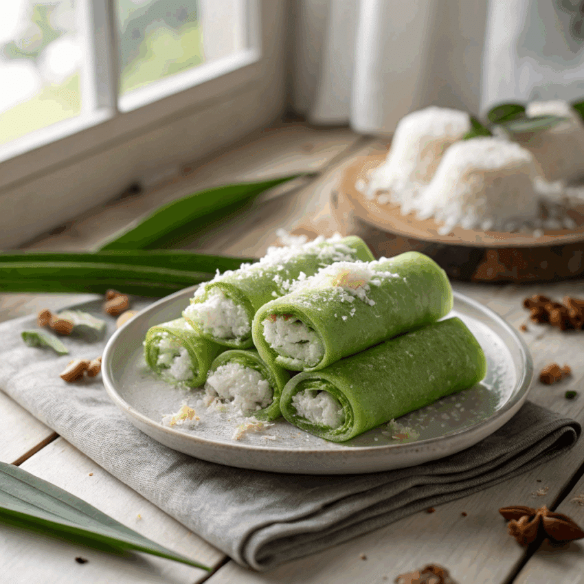 freshly made dadar gulung pandan coconut crepes