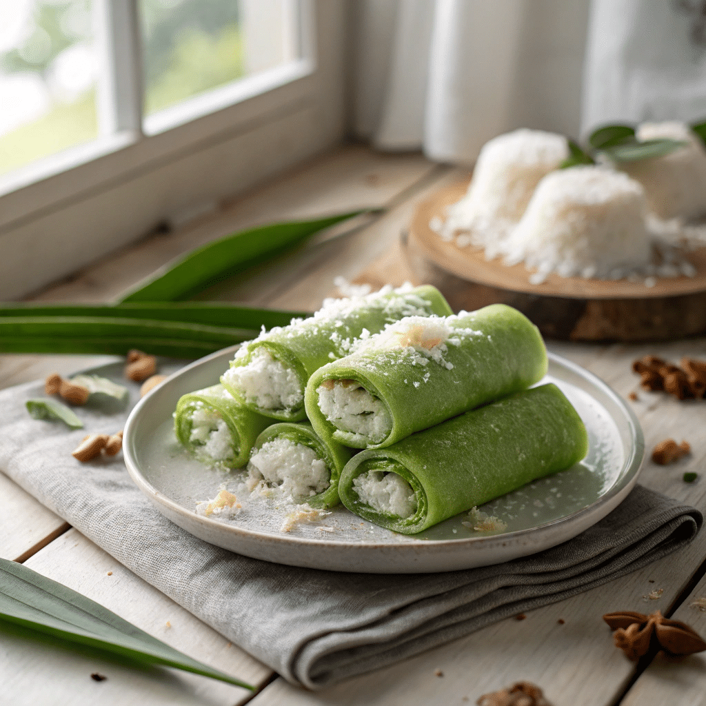 freshly made dadar gulung pandan coconut crepes