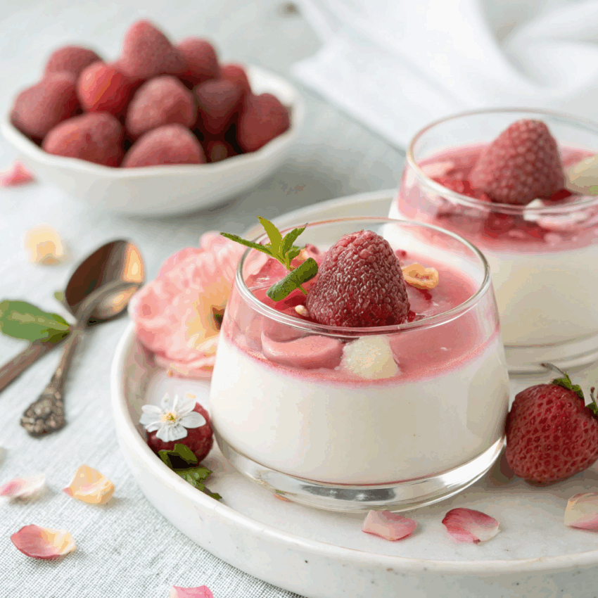 lychee rose panna cotta served in a glass ramekin