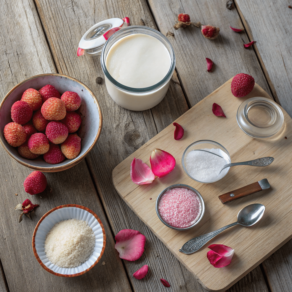 ingredients for lychee rose panna cotta