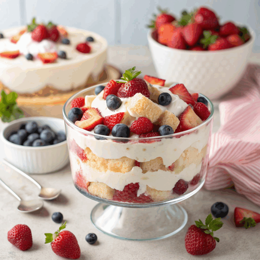 berry trifle dessert in a clear glass trifle bowl