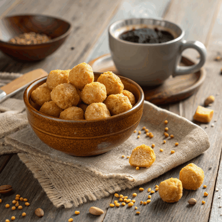 bowl of golden, bite-sized Ethiopian dabo kolo sweet snacks