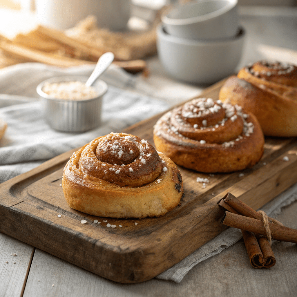 freshly baked Finnish korvapuusti cinnamon rolls