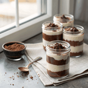 triple chocolate mousse cups layered in clear glass jars
