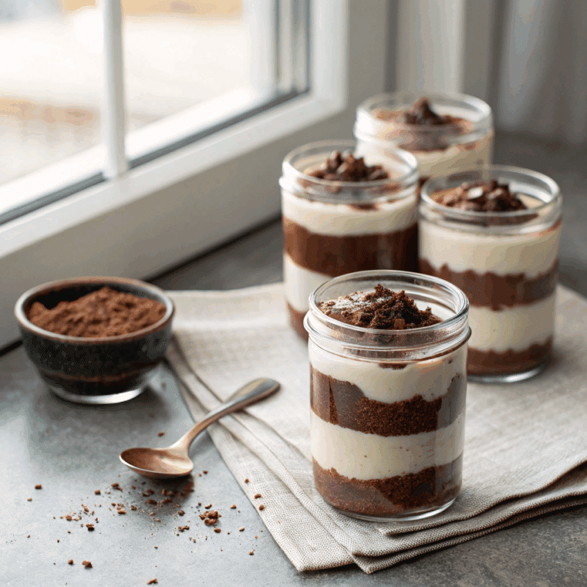triple chocolate mousse cups layered in clear glass jars