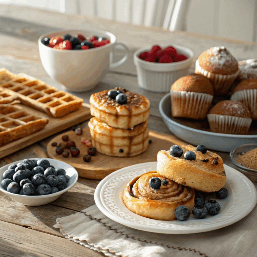 breakfast table filled with sweet baked treats