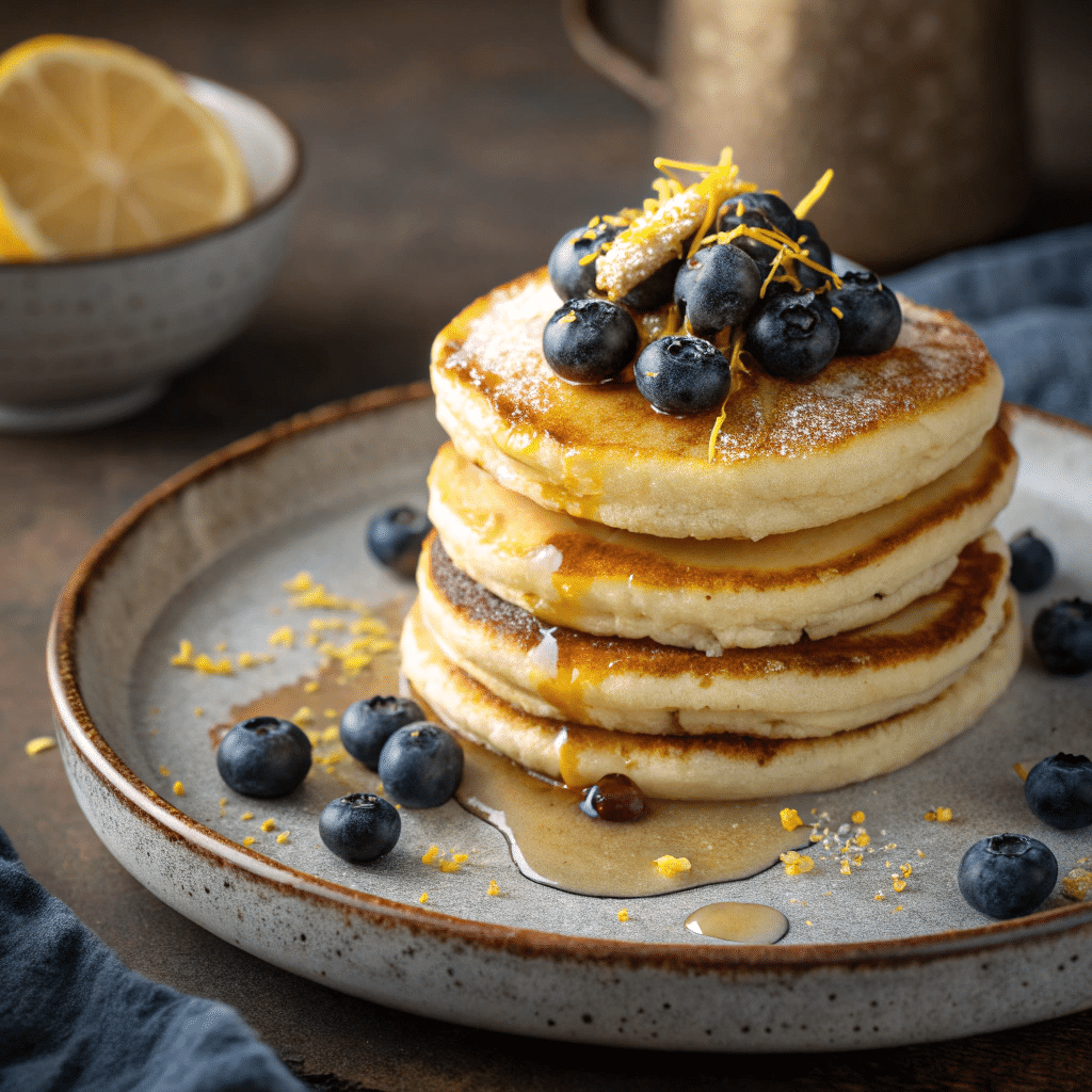lemon ricotta pancakes stacked high