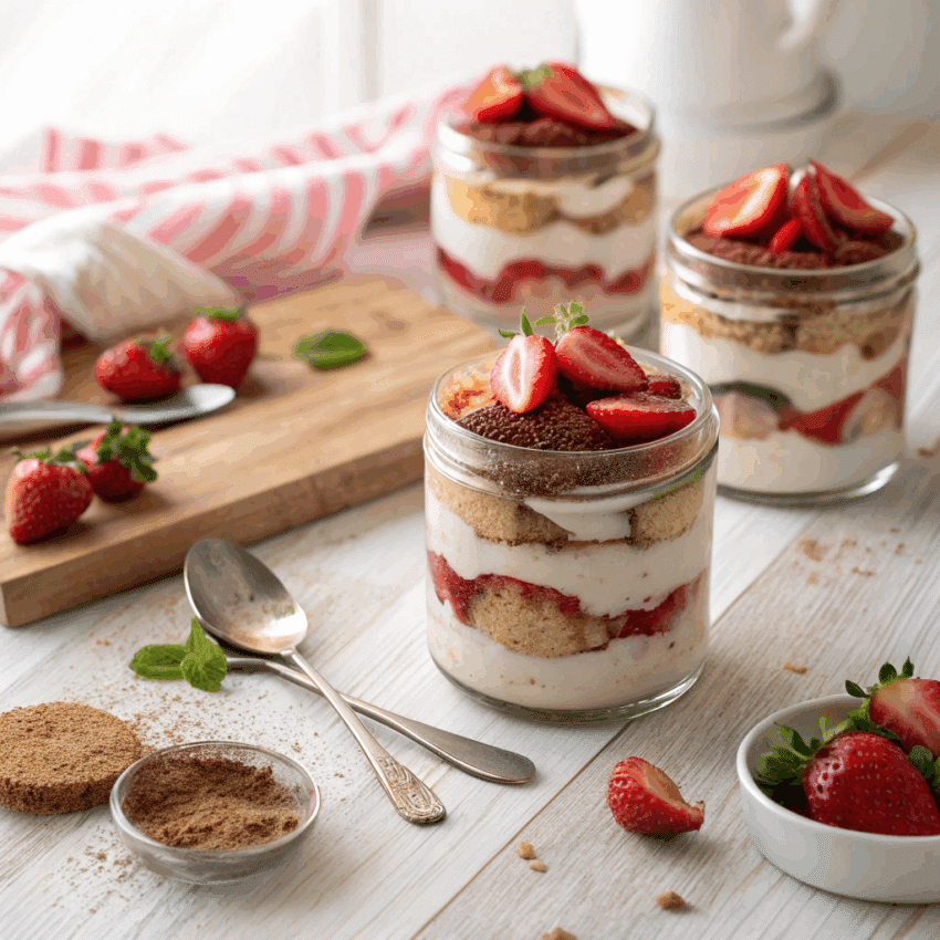 strawberry tiramisu cups in clear glass jars