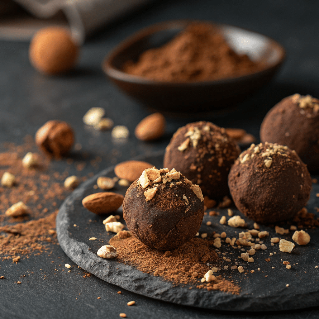 chocolate truffles rolled in cocoa powder and chopped nuts