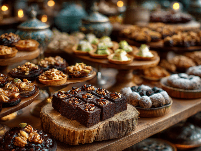 beautifully styled dessert table featuring a variety of nutty desserts