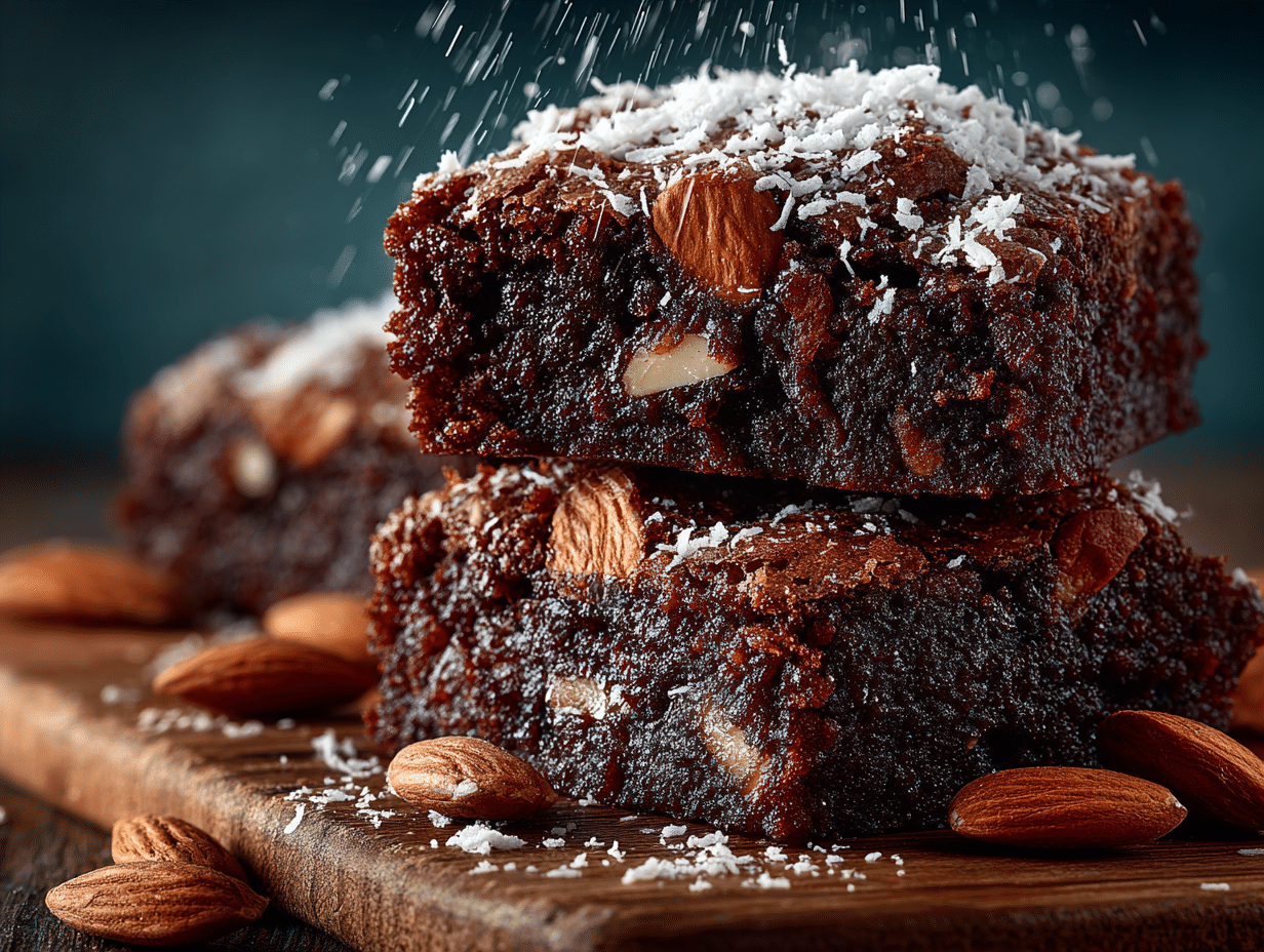 Fudgy chocolate brownies topped with roasted almonds