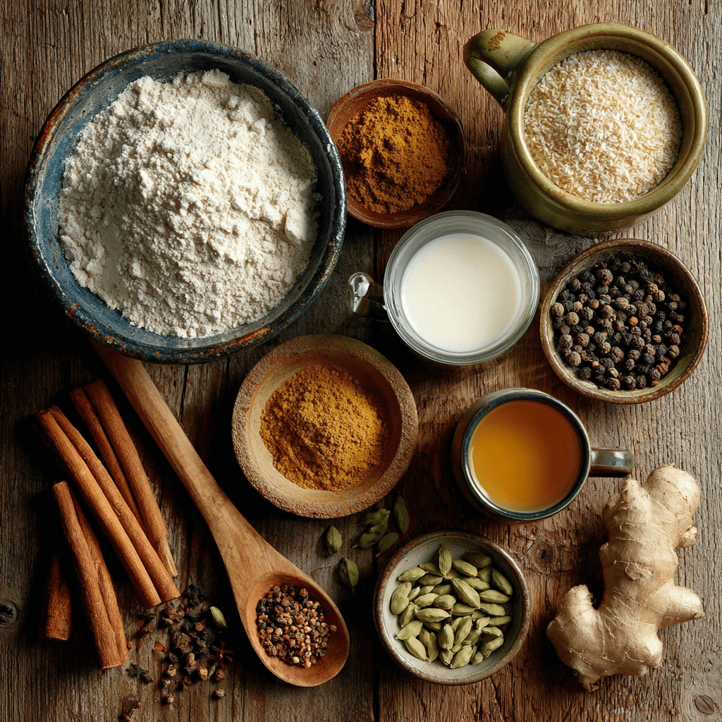 flat lay of ingredients for a chai latte mug cake