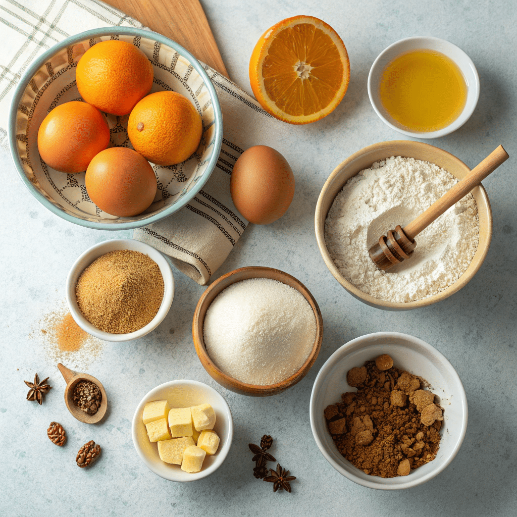 All ingredients for a spiced orange honey bundt cake