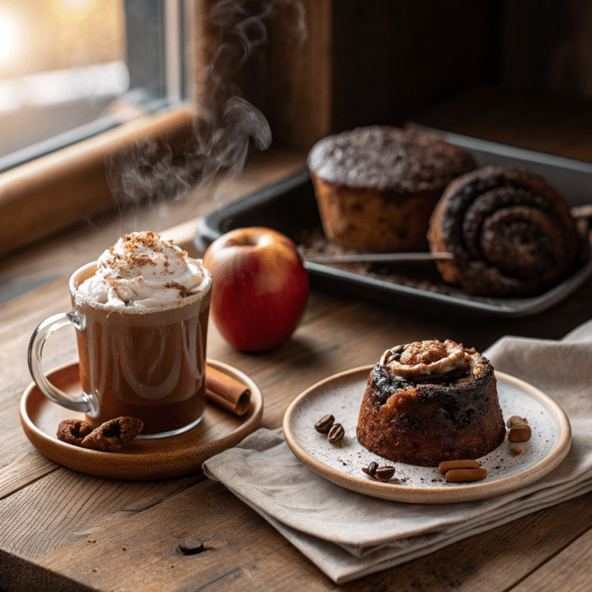 Cozy winter dessert and drink scene