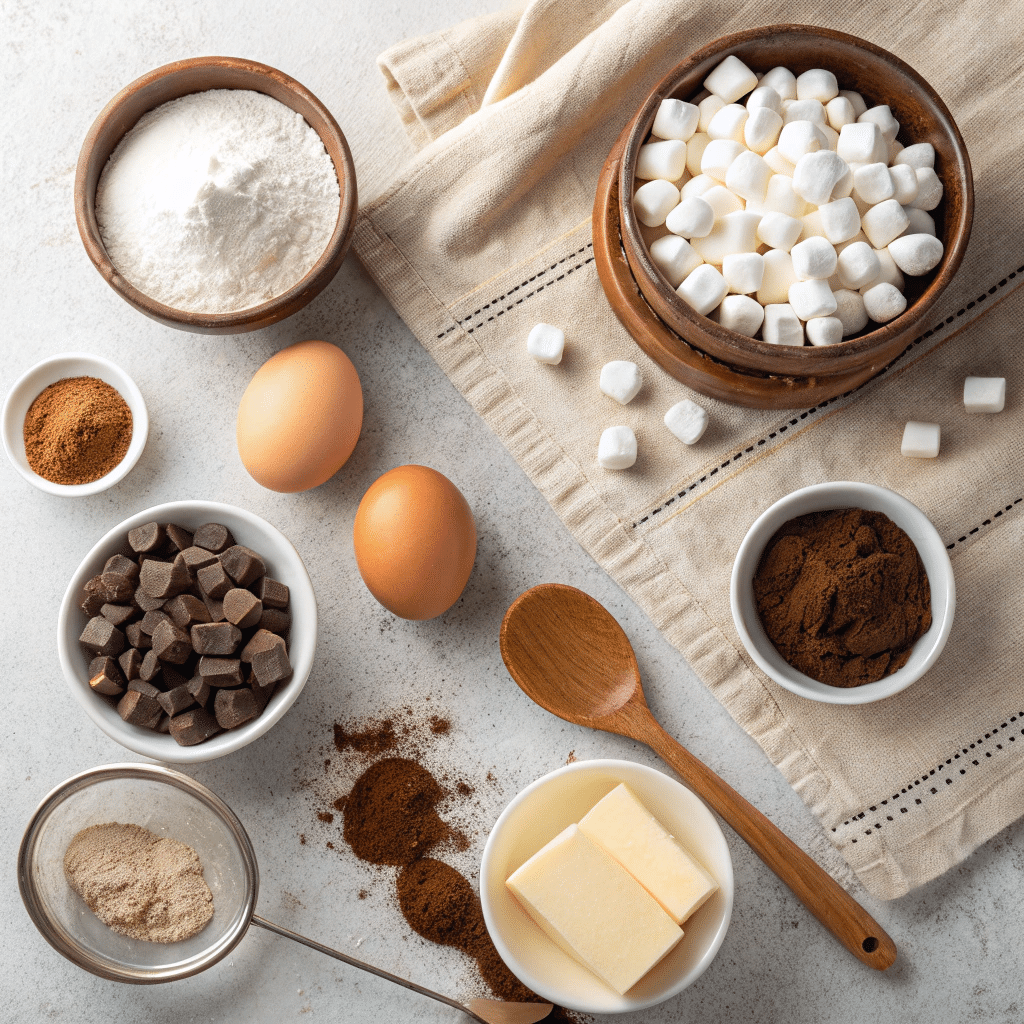 Ingredients for hot cocoa brownies with marshmallow