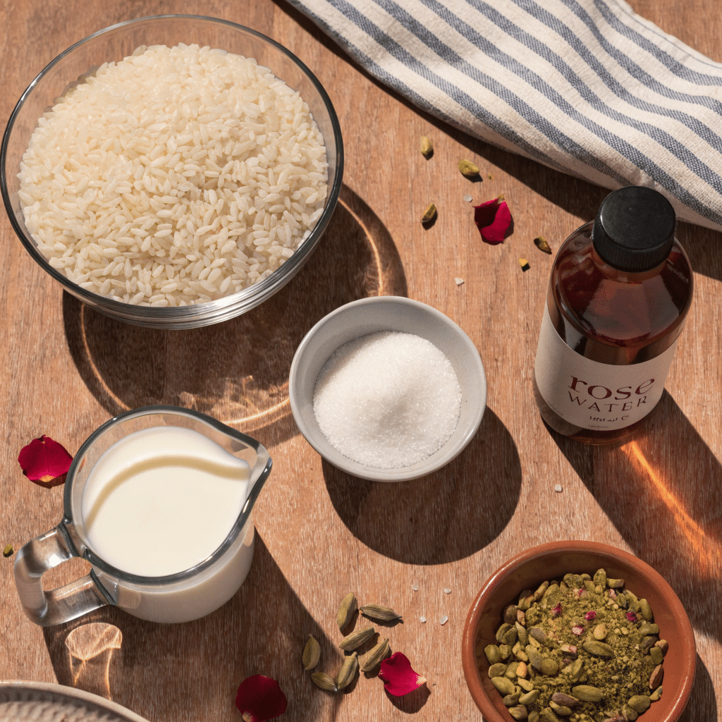 Ingredients for rose pistachio rice pudding