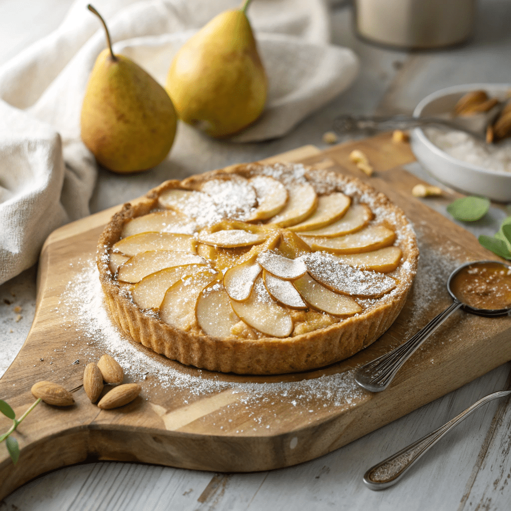 Golden baked pear and almond tart