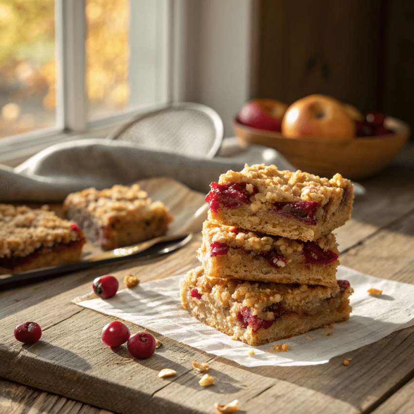 apple cranberry crumble bars stacked