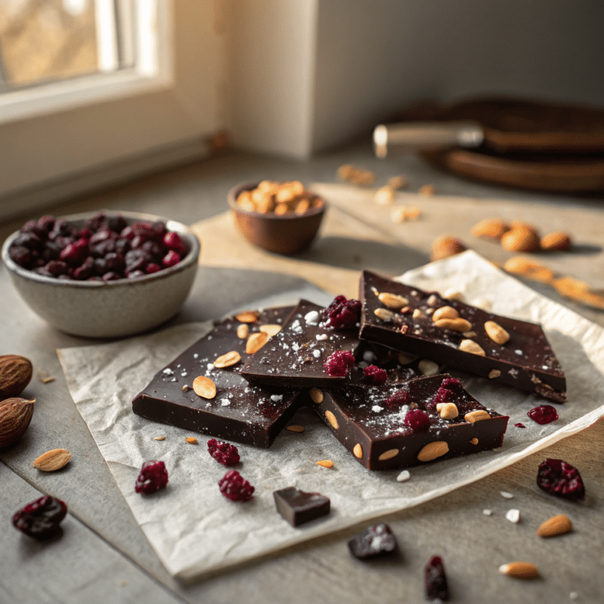 dark chocolate sea salt bark with dried cranberries