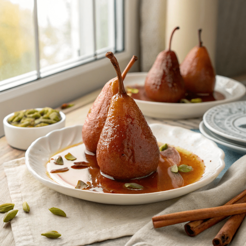 whole cinnamon cardamom poached pears