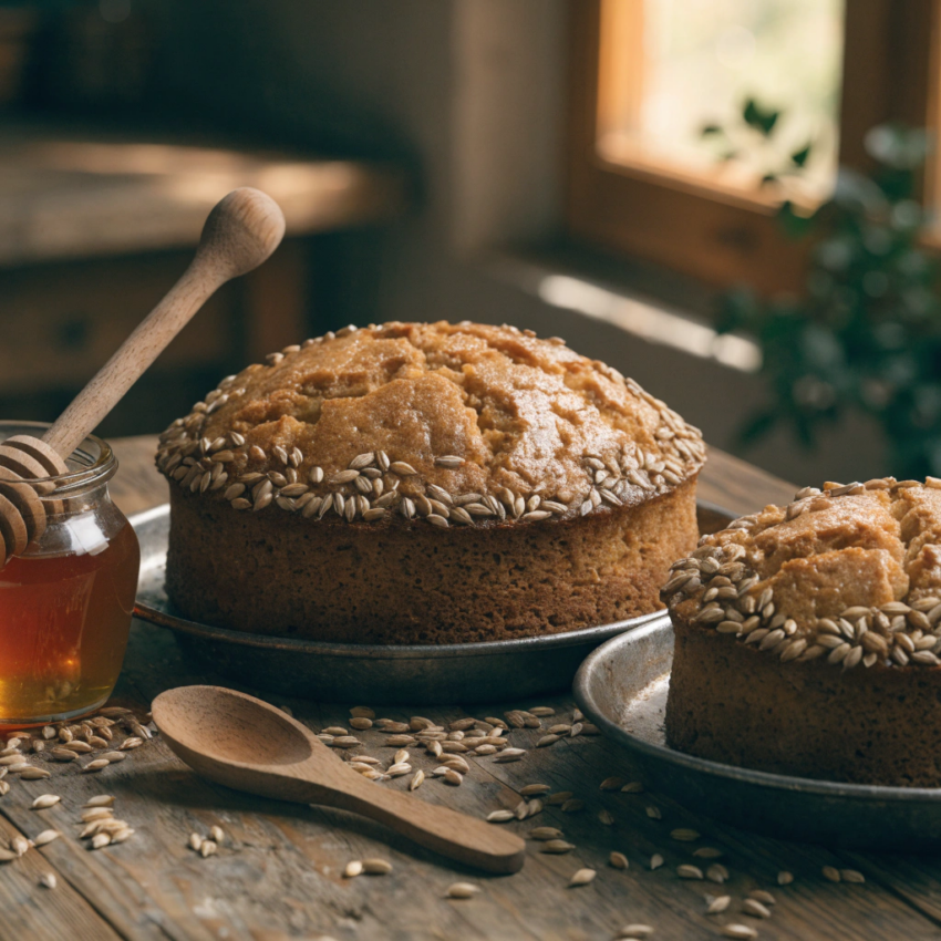 two freshly baked Viking barley honey cakes