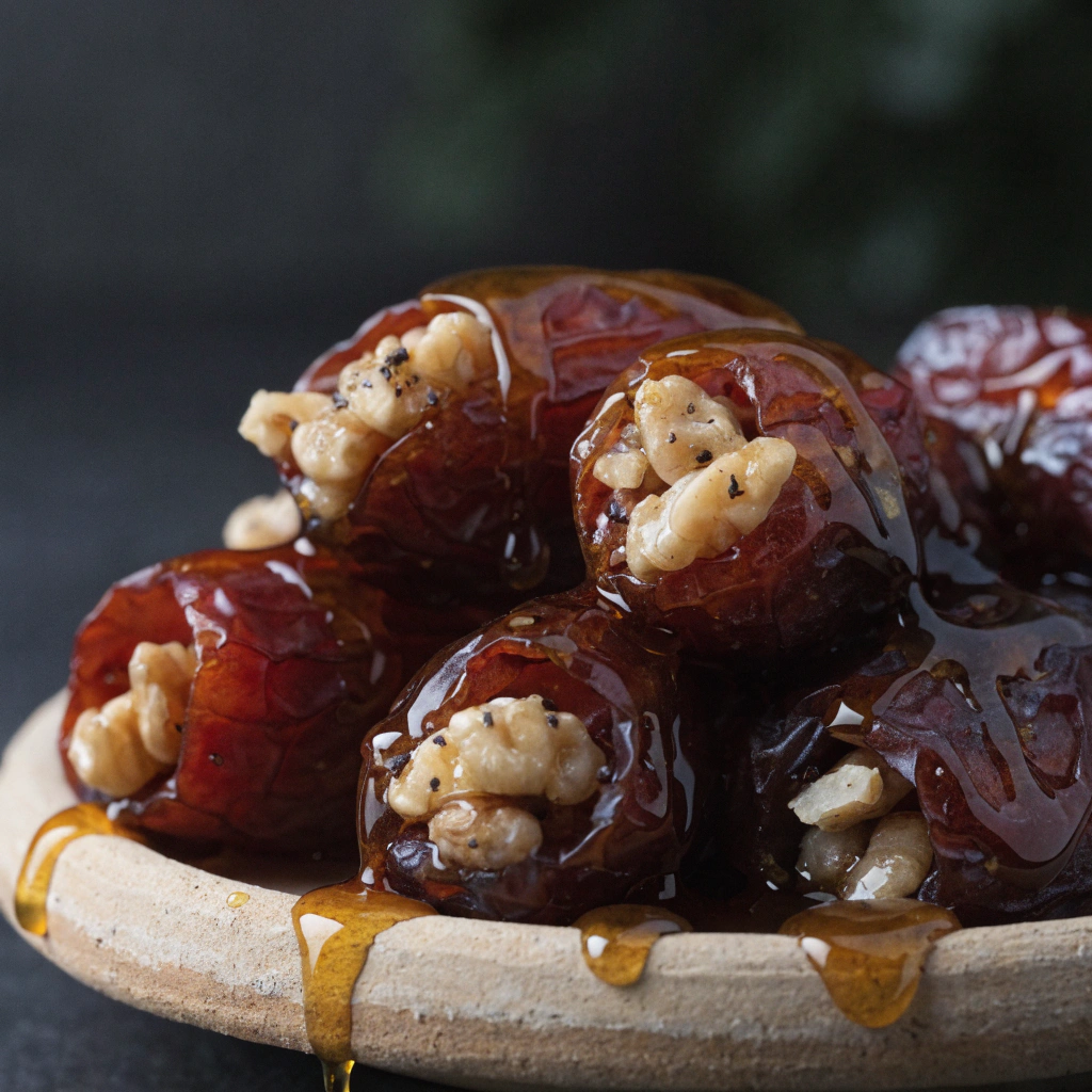 Pitted dates stuffed with crushed walnuts