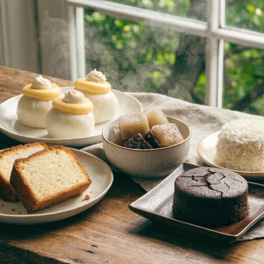 soft steamed desserts arranged on a rustic wooden table