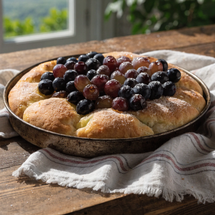 Italian sweet focaccia with grapes baked in a dark metal baking tray