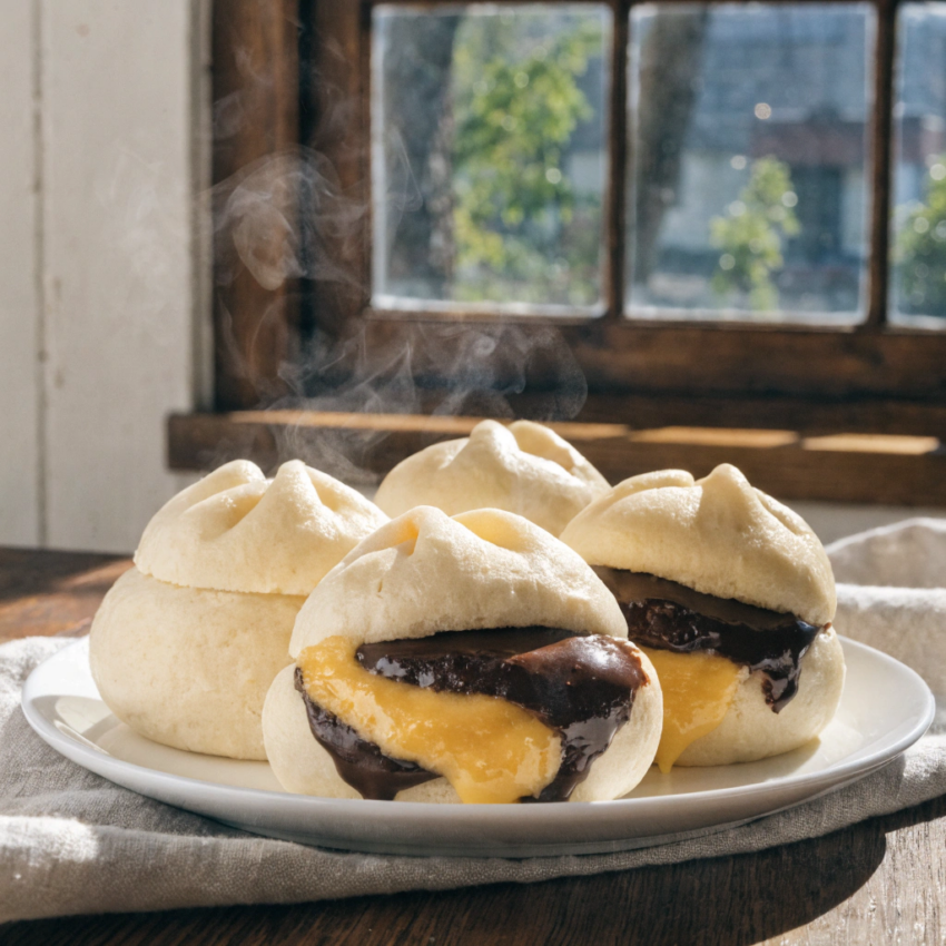 plate of fluffy Japanese Mushi Pan steamed buns