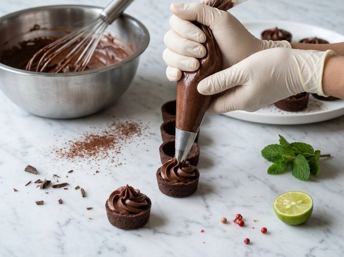 Piping bag filling a small dark chocolate cup with swirled chocolate mousse on a marble board