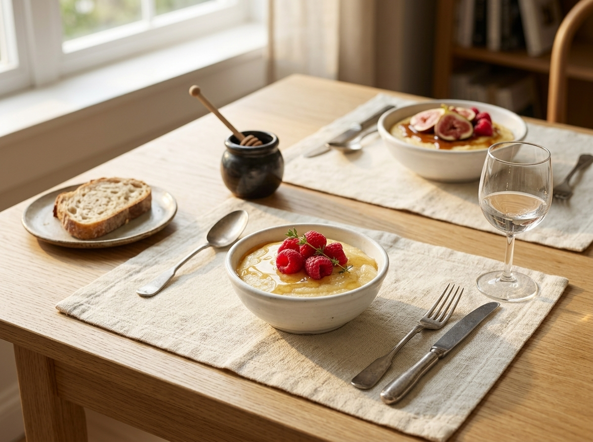 Two bowls of sweet cream polenta pudding topped with figs and honey on a linen-covered table in warm light