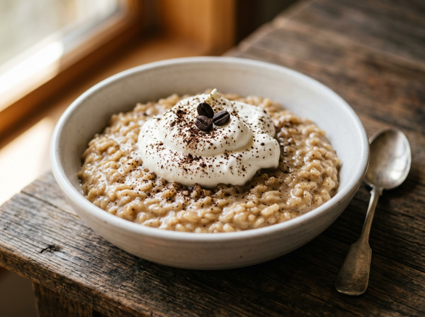 White bowl of coffee cream rice pudding with whipped cream and espresso powder dusting on a wooden board