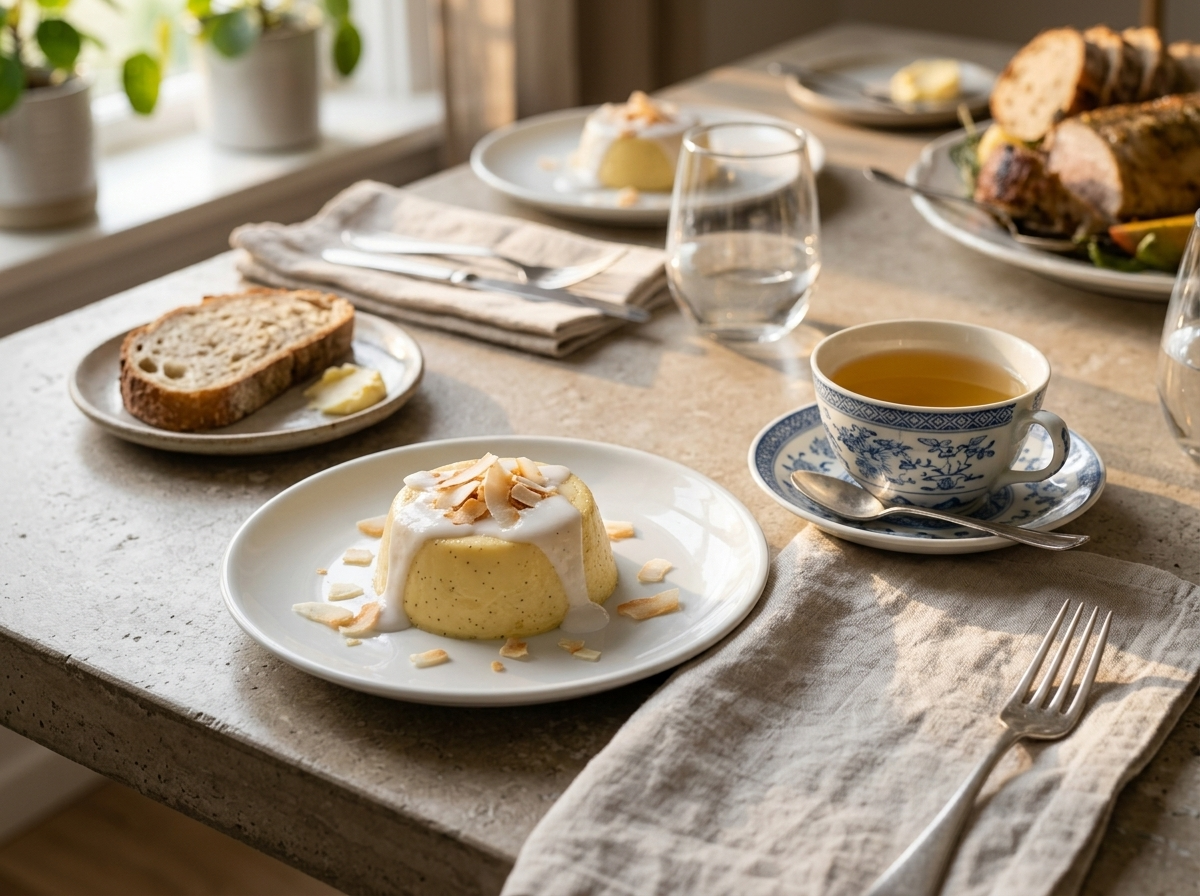 Unmolded baked coconut custard on a white plate with toasted coconut and jasmine tea on marble surface