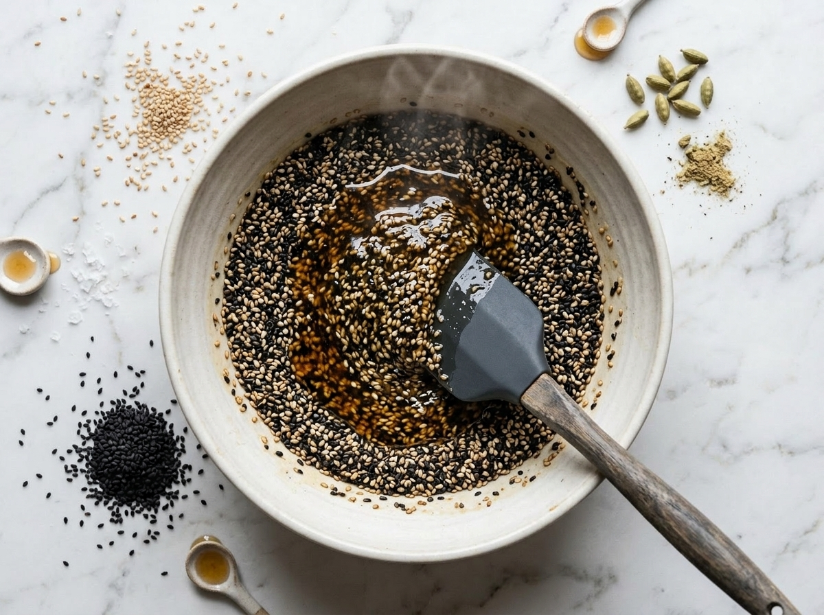 Silicone spatula folding honey syrup into toasted black sesame seeds in a heatproof bowl