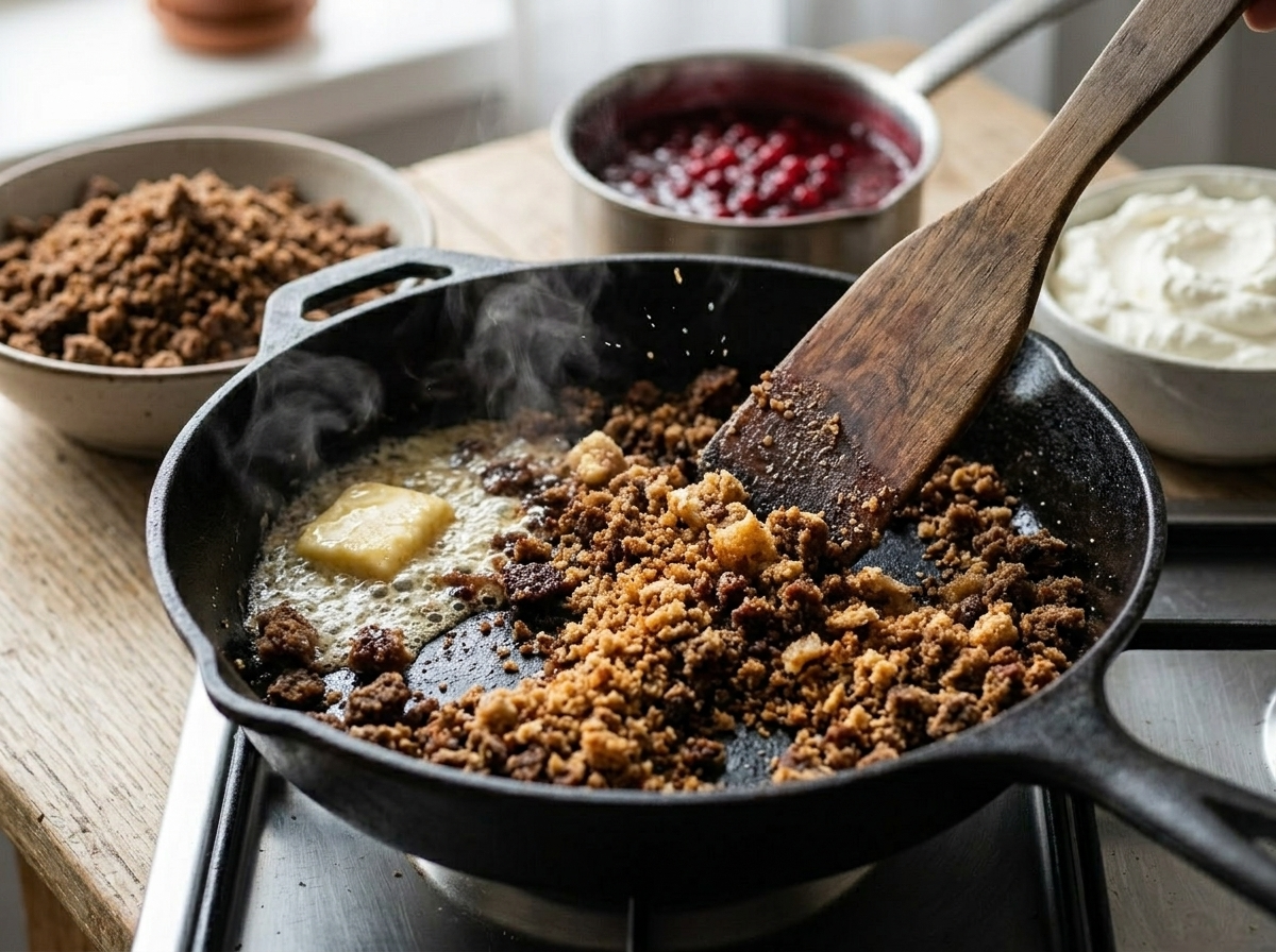 Toasted dark rye breadcrumbs with brown sugar and butter sizzling in a cast iron skillet