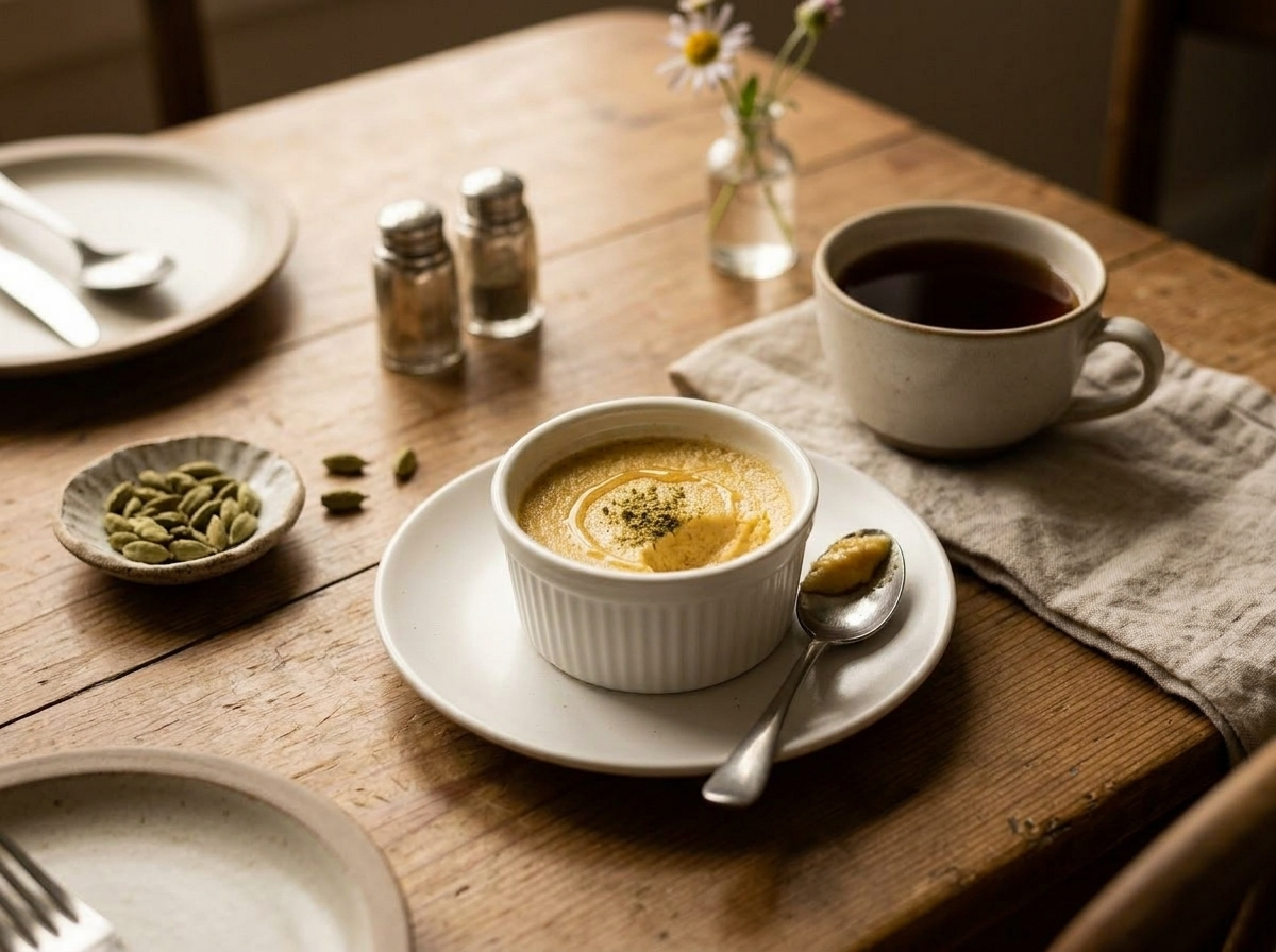 Single honey cardamom custard cup on a white plate with a teaspoon and cup of black tea alongside