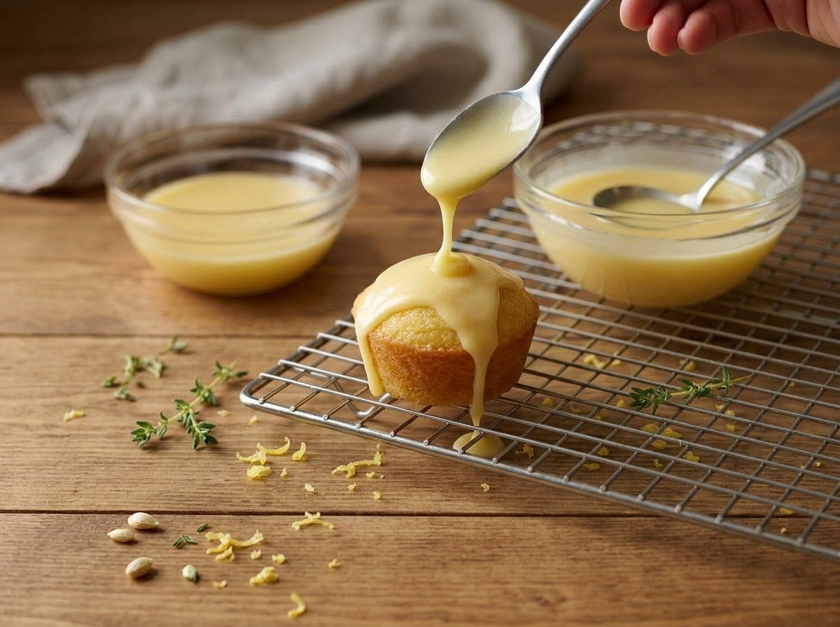 Lemon glaze being spooned over a mini lemon tea cake cooling on a wire rack, pale yellow glaze dripping down the sides