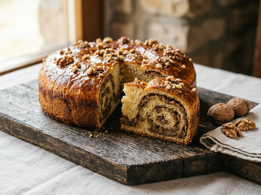 Whole Transylvanian honey nut cake on wooden board with one slice showing swirled walnut honey filling layers