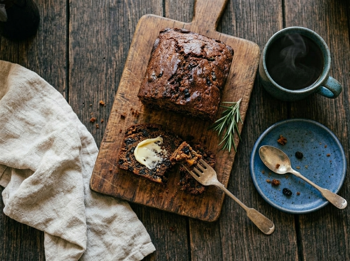 Two slices of Irish porter cake with salted butter on a wooden board beside a mug of black tea
