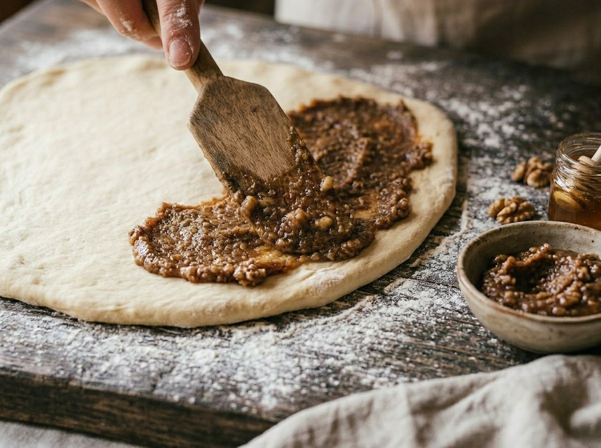 Spreading thick walnut honey filling over yeasted dough on a floured surface before rolling