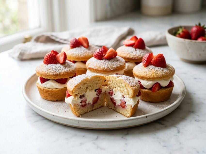 Six mini strawberry sponge cakes on marble, split and filled with whipped cream and fresh strawberries, dusted with powdered sugar