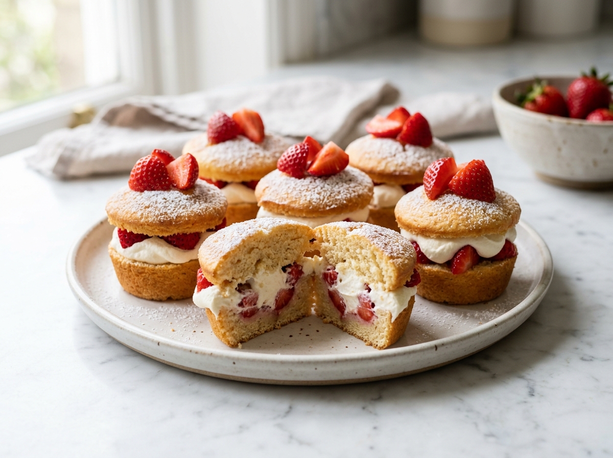Six mini strawberry sponge cakes on marble, split and filled with whipped cream and fresh strawberries, dusted with powdered sugar
