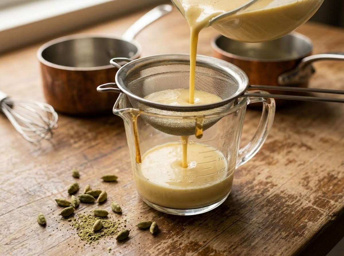 Pale yellow honey cardamom custard mixture being strained through a fine-mesh sieve into a glass jug
