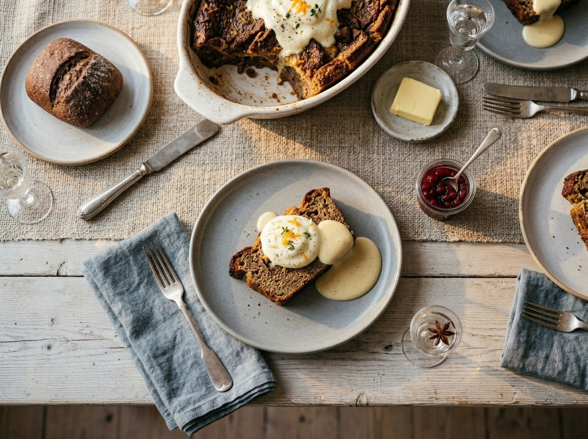 Slice of Nordic rye bread pudding on a stoneware plate with vanilla sauce and a glass of aquavit