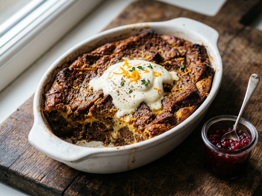 Scandinavian rye bread pudding in a white ceramic dish with golden cardamom custard top and lingonberry jam