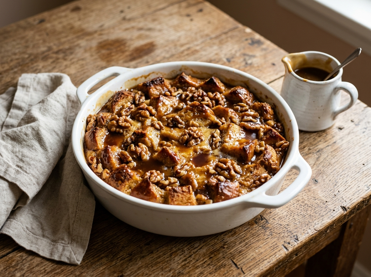 Caramel walnut bread pudding in a white baking dish with toasted walnuts and caramel sauce on an oak table