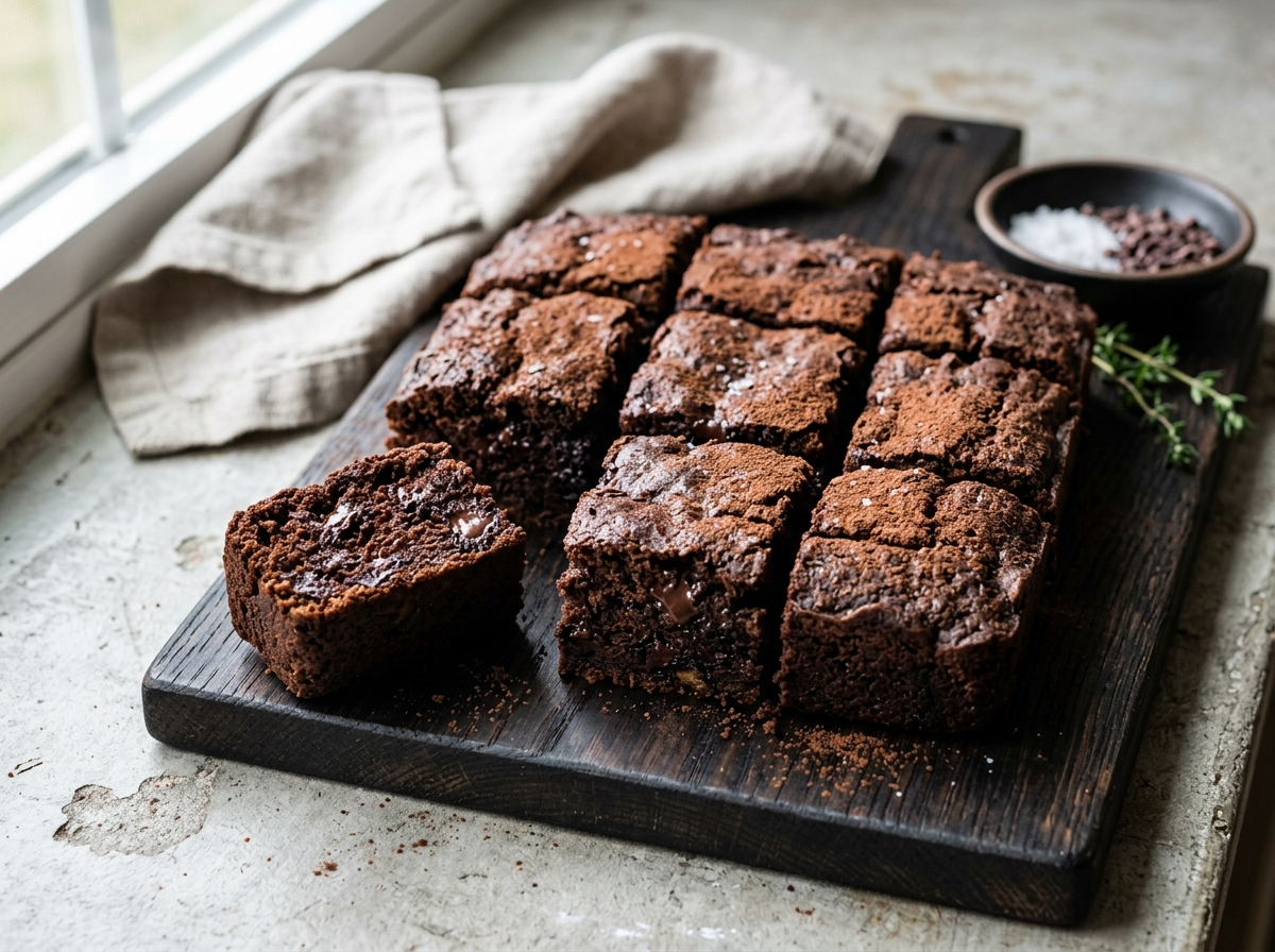 Rye chocolate snack cake squares on a wooden board showing moist dark crumb with chocolate chip pockets