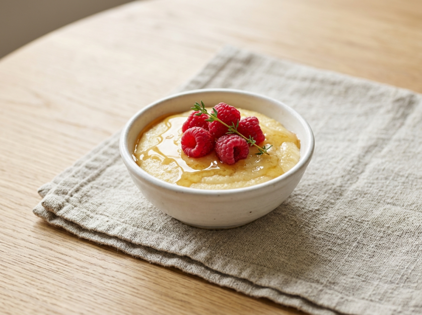 White ceramic bowl of sweet cream polenta pudding drizzled with honey and topped with fresh raspberries on a linen cloth