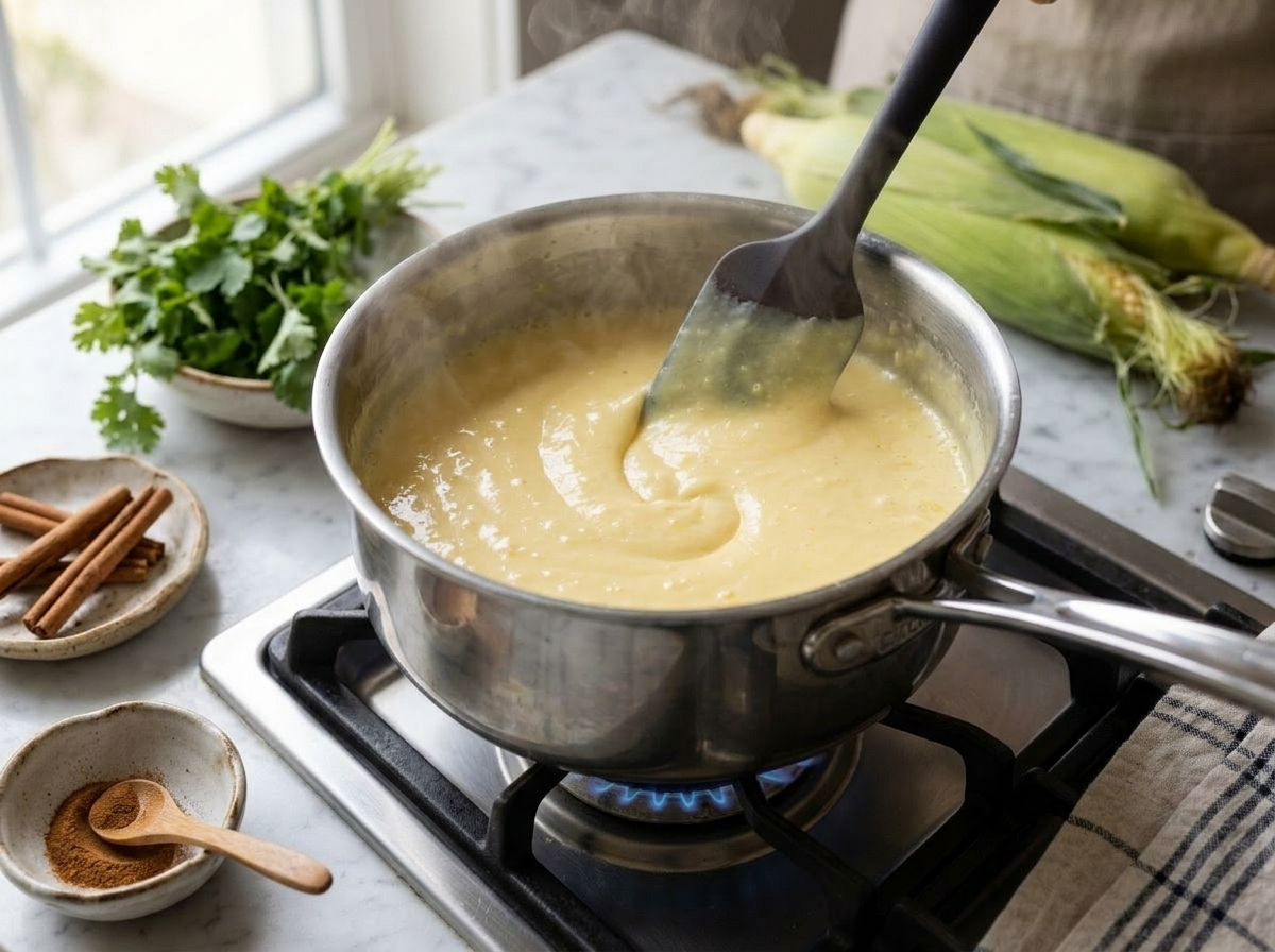 Thick pale corn pudding mixture being stirred in a saucepan with a silicone spatula showing the glossy set consistency